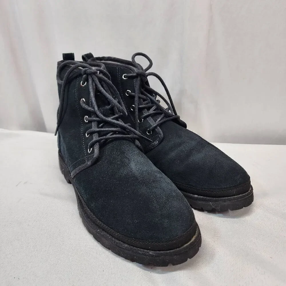 UGG Harkley Black Suede Chukka Ankle Boots, Mens US 11 Lace-Up Fleece Lined